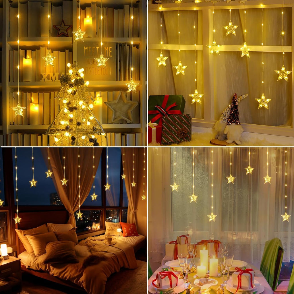 Window Lights, 76LEDs 9 Star Curtain Lights, Warm White&Multicolor, IP65 Waterproof, Timer & Memory Function, 8 Modes