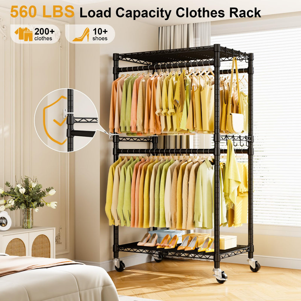 P4 Rolling Clothes Rack, Clothing Racks for Hanging Clothes, Black