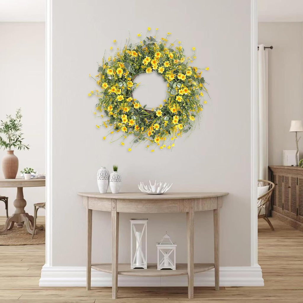 Yellow Daisy Wreath 24 Inch Spring Summer Wreath Fake Silk Floral Wreath with Green Eucalyptus Leaves and Lavender