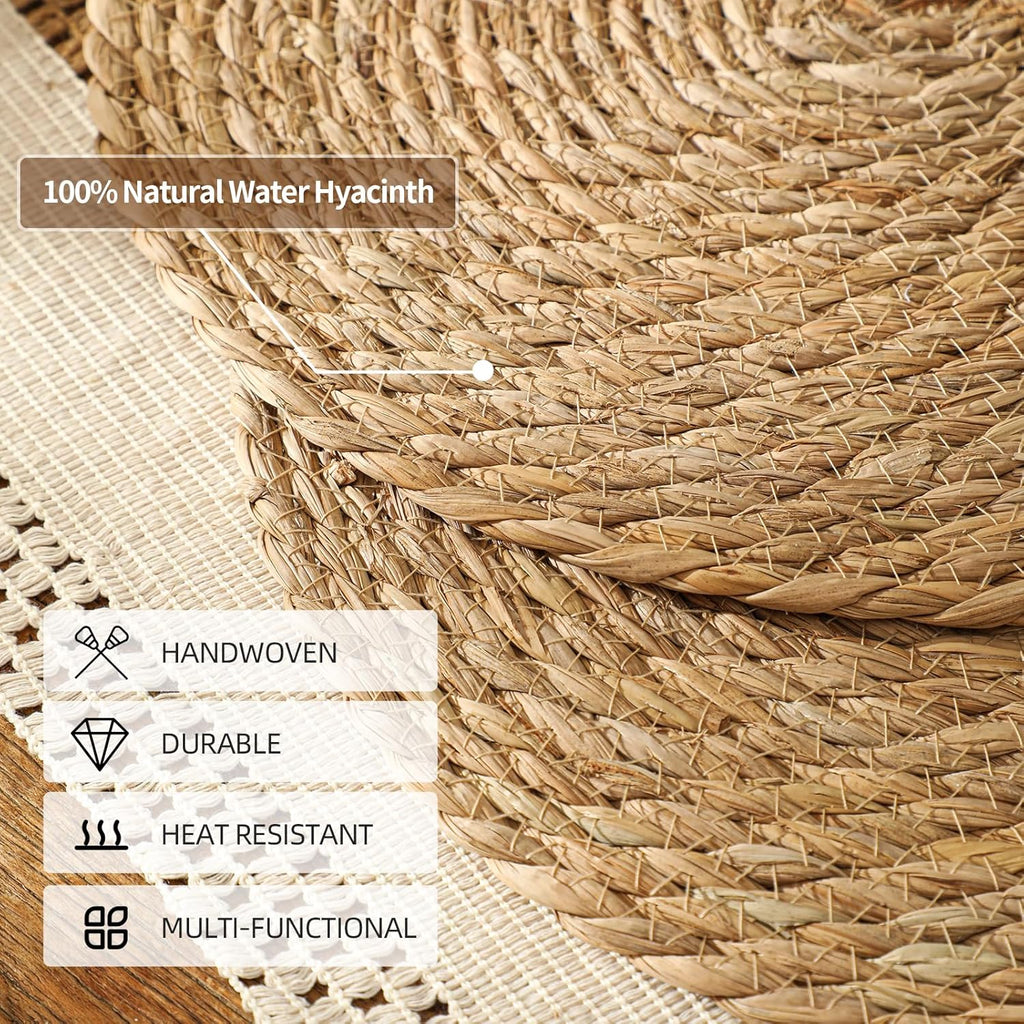 13.8'' Round Woven Placemats Set of 6, Boho Wicker Chargers, | Handmade from Natural Water Hyacinth, Heat-resistant &