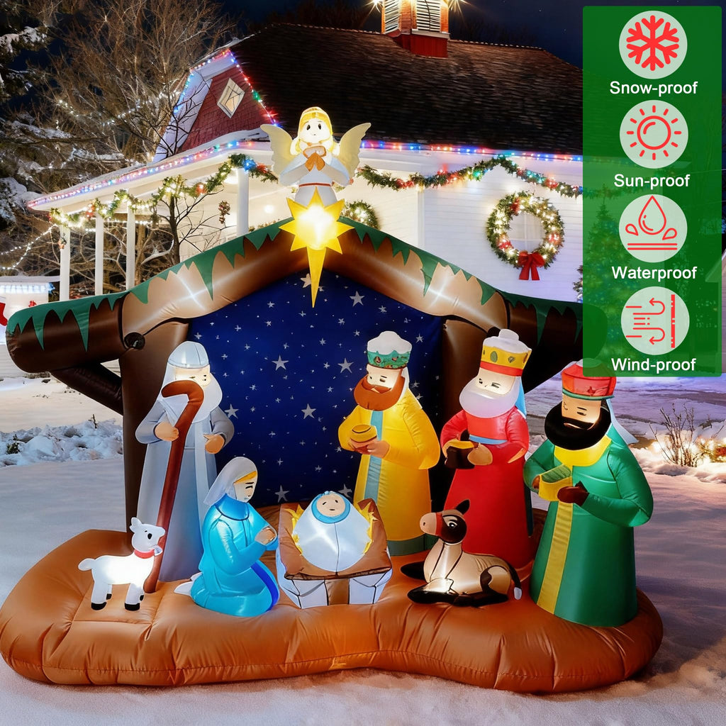 8FT Christmas Inflatables Nativity Scene Outdoor Decorations, Blow Up Yard Decor with Built-in LED Lights, Xmas