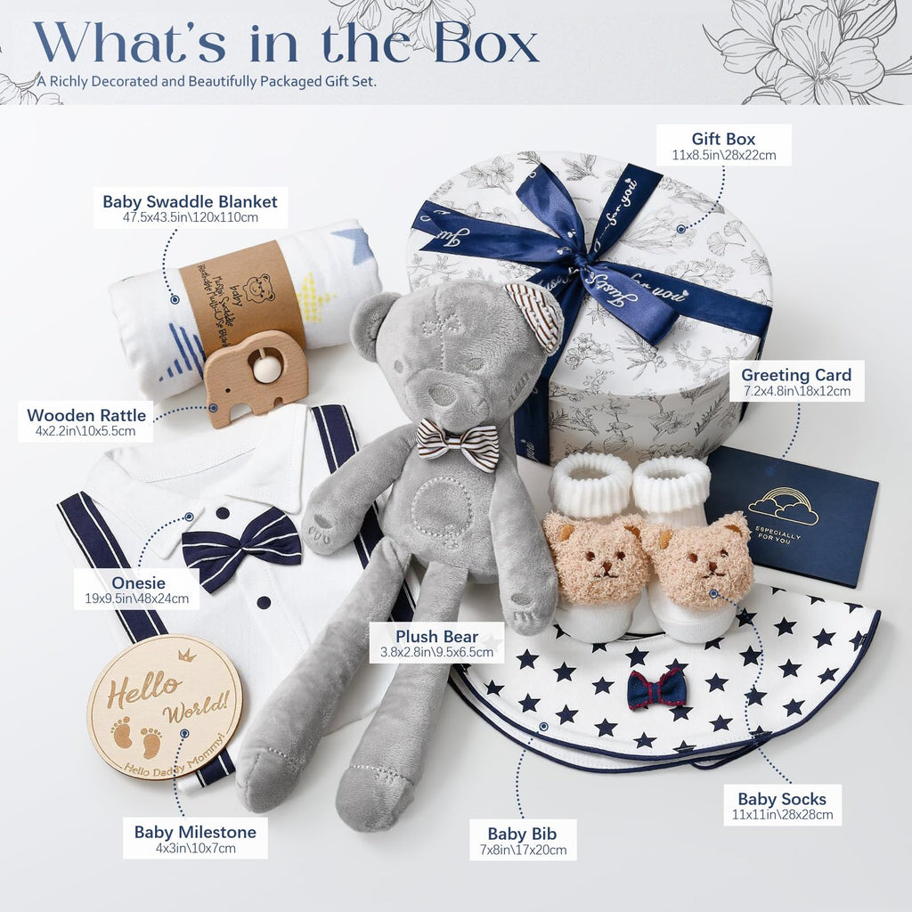 Baby Shower Gifts for Boys, 9PCS Baby Boy Gifts Baskets with Plush Bear/Blanket/Onesie/Wooden Rattle, Newborn