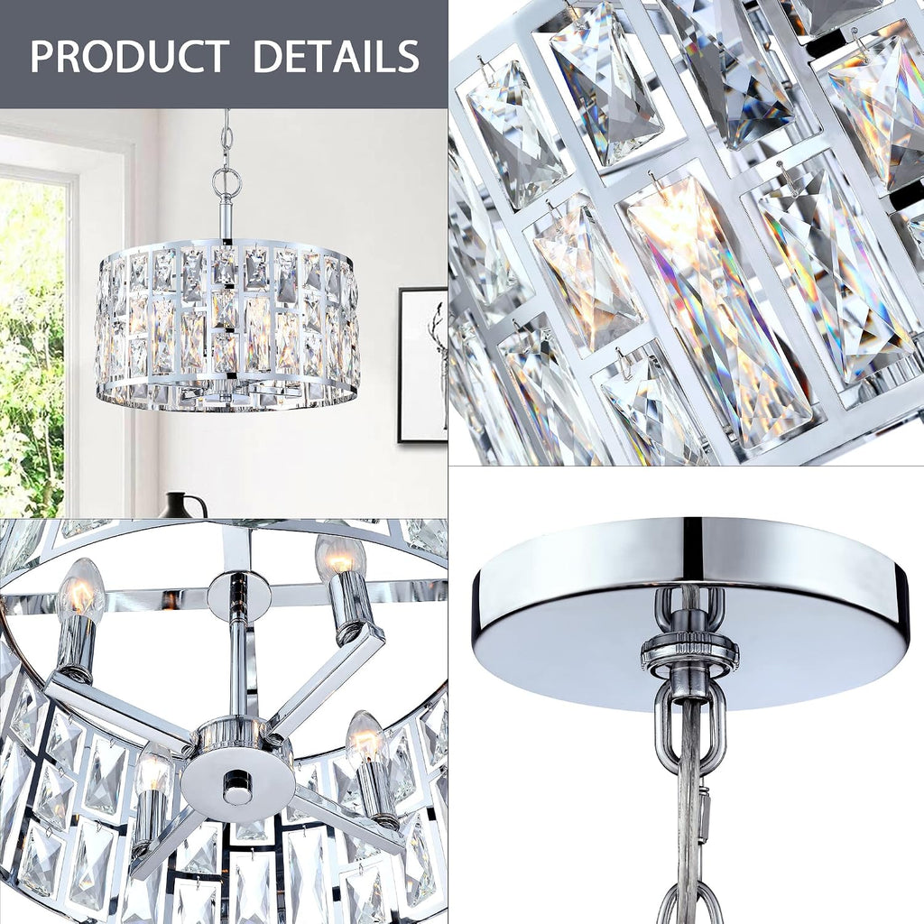 Farmhouse Crystal Convertible Chandelier and Semi Flush Mount Lighting Chrome Cylinder Drum Shade Pendant for Kitchen
