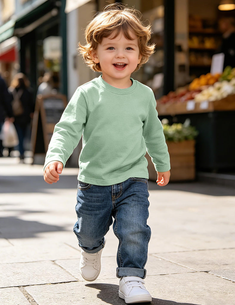 Toddler Boy Long Sleeve Shirt Baby Crewneck T-Shirt Solid Color Cotton Tee Tops Green