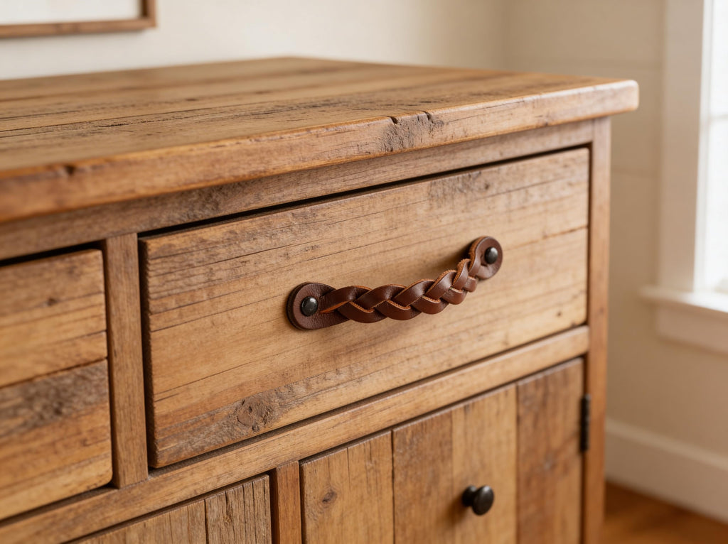 Leather Drawer Pulls - Braided - Cognac - 4 pcs - 6-1/2 x 1 '' - Leather Handle - Leather Dresser Pulls - Cabinet