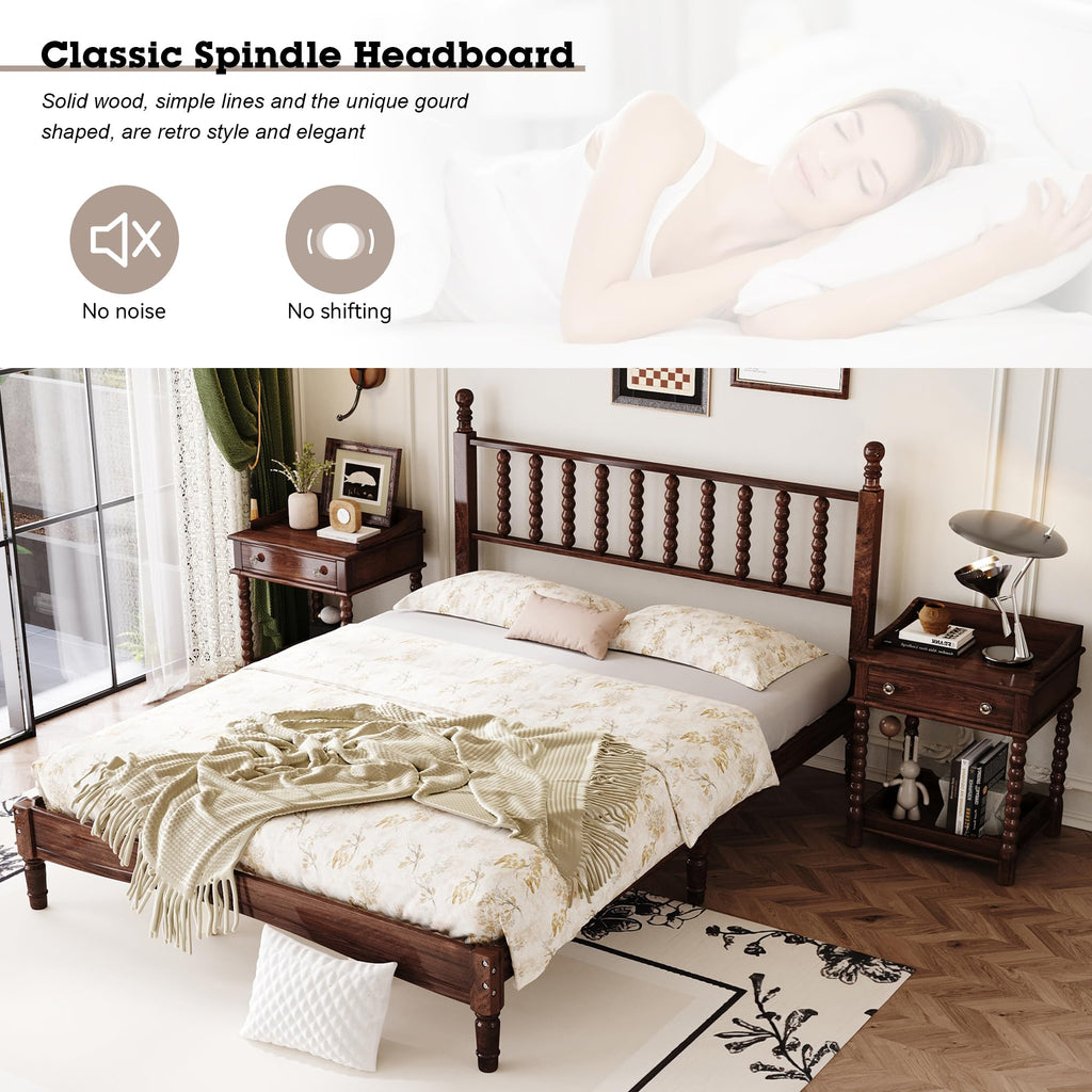 Walnut Spindle Bed Frame Full Size with Wooden Headboard