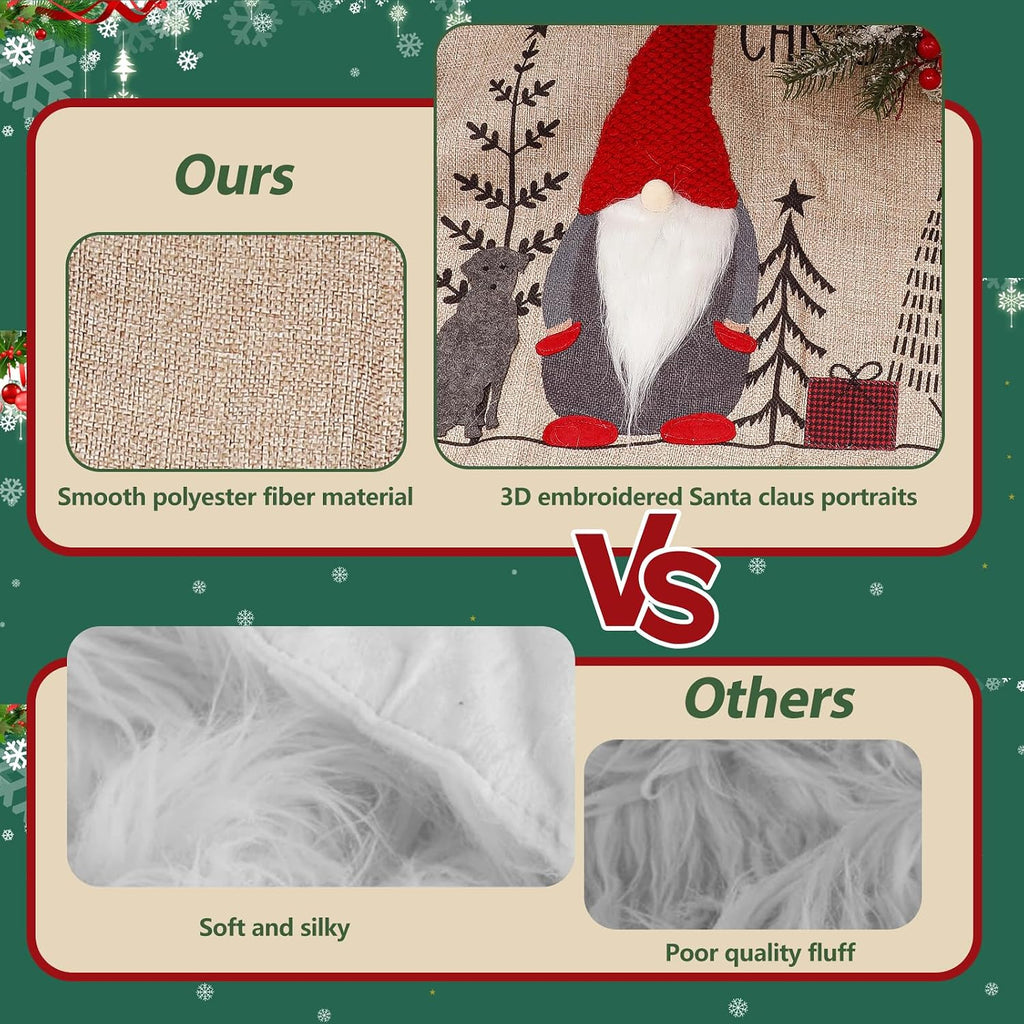 Large Christmas Tree Skirt 48 Inch, Vintage Burlap Christmas Tree Skirt with Buffalo Plaid Edges and Stereo Plush
