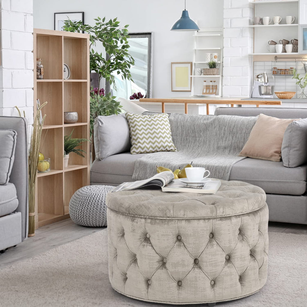 Modern 28 Inch Round Storage Ottomans Chair, Button Tufted Upholstered Ottoman Footstool with Storage Bedroom