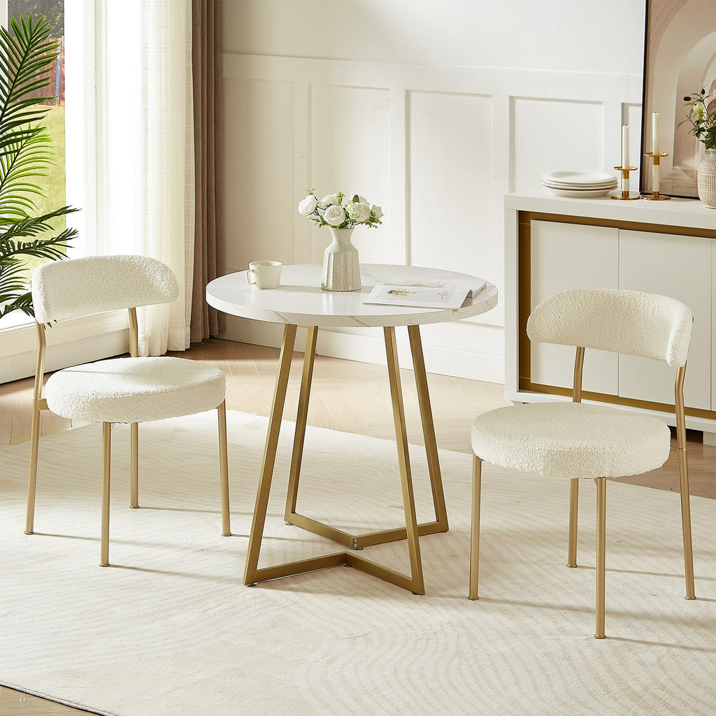 Beige Boucle Set of 2, Kitchen Dining Room Chairs Curved Backrest Upholstered Mid Century Modern Chairs with Golden
