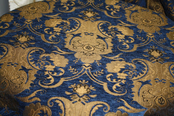 Chenille Renaissance Home Decor Upholstery, Sold by The Yard (Blue/Gold)
