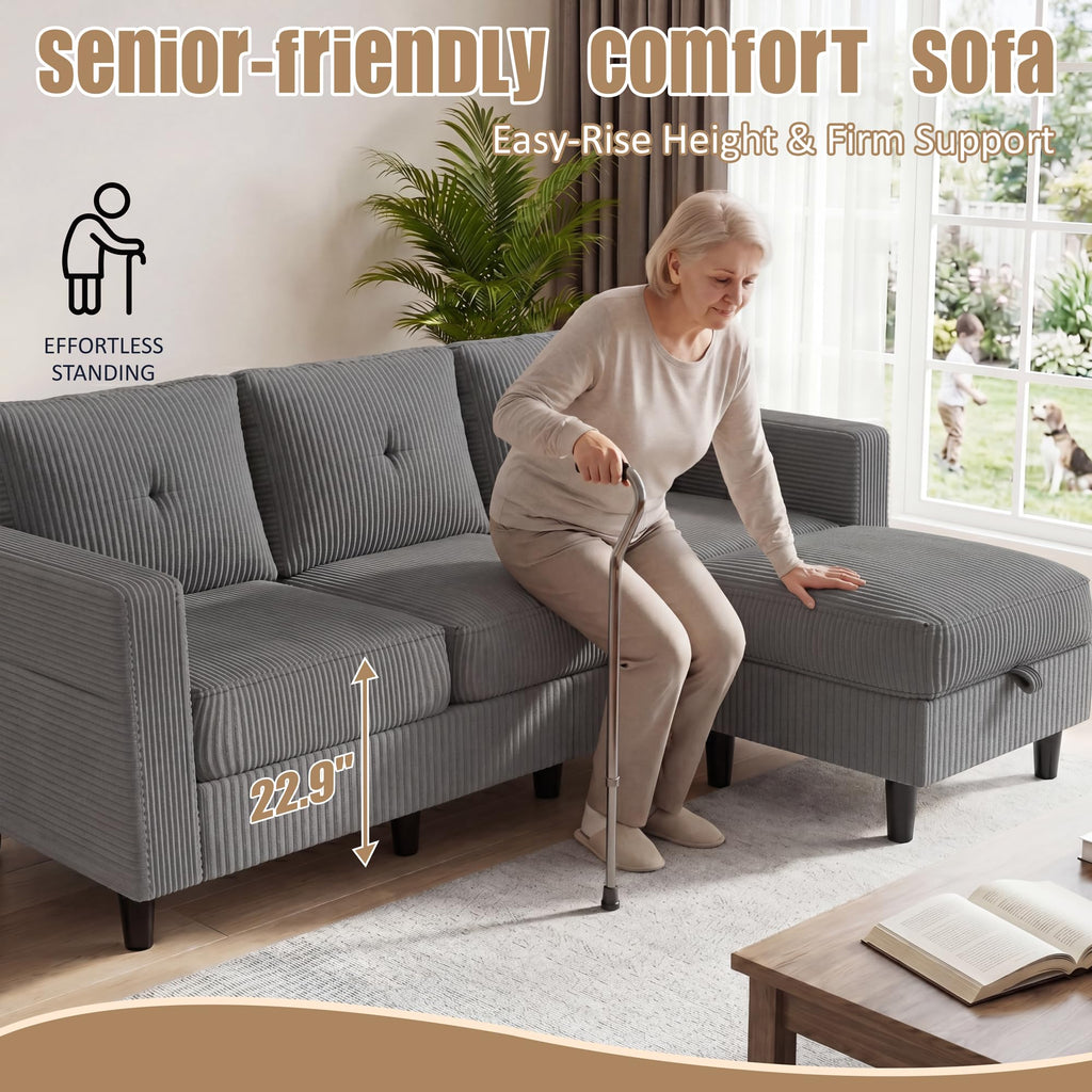 77" L-Shaped Corduroy Sectional Sofa with Storage Ottoman, Grey