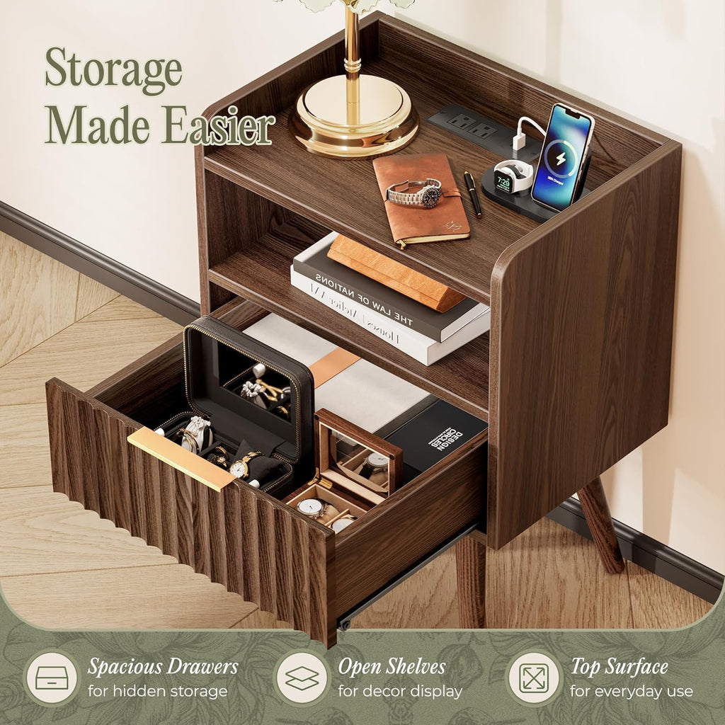 Nightstand with Charging Station, USB-C Port, Fluted Night Stand with Drawer, Bed Side Table with Solid Wood Feet