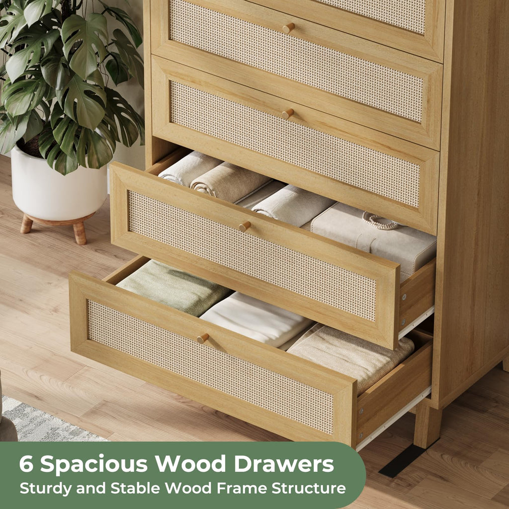 Rattan with 6 Drawer, Modern Double Wooden Tall Bedroom, Chest of Drawers with Metal Handle & Solid Wood Legs