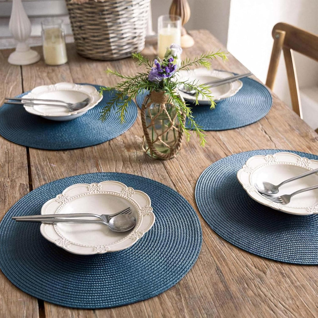 Round Braided Placemats Table Mats for Dining Tables Woven Washable Non-Slip Place mats 15 in(Blue, ) - Set of 6