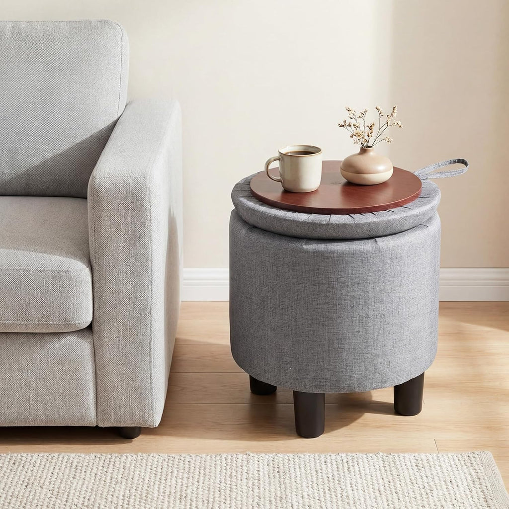 Linen Fabric Round Storage Ottoman with Removable Lid, Gray | Upholstered Ottoman Foot Rest, Small Ottoman Foot Stool