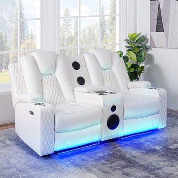 Naomi Home Chicago Deluxe Theater Style Motion Loveseat with LED Lights White/Air Leather