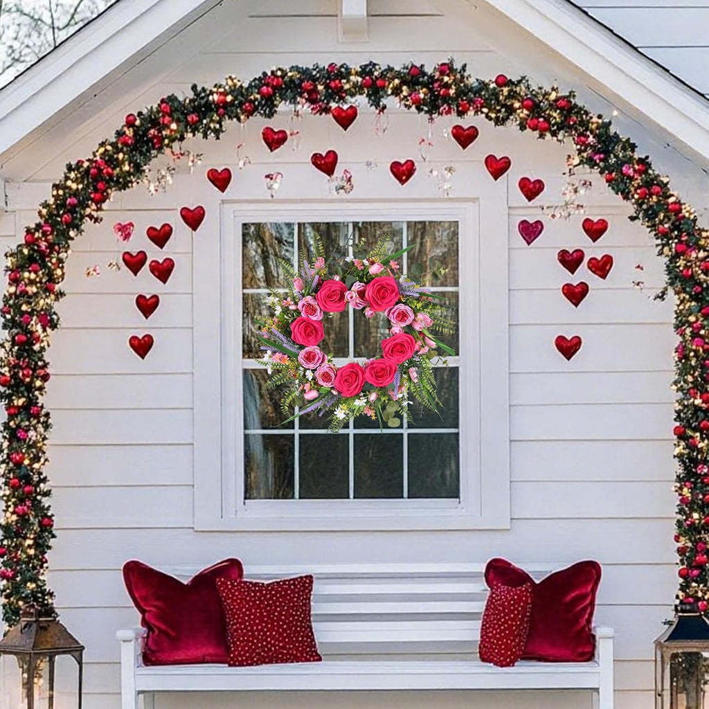 22 Inch Valentines Day Wreaths for Front Door Pink Peony Wreath with Roses Tulips Daisies Valentine Door Decorations