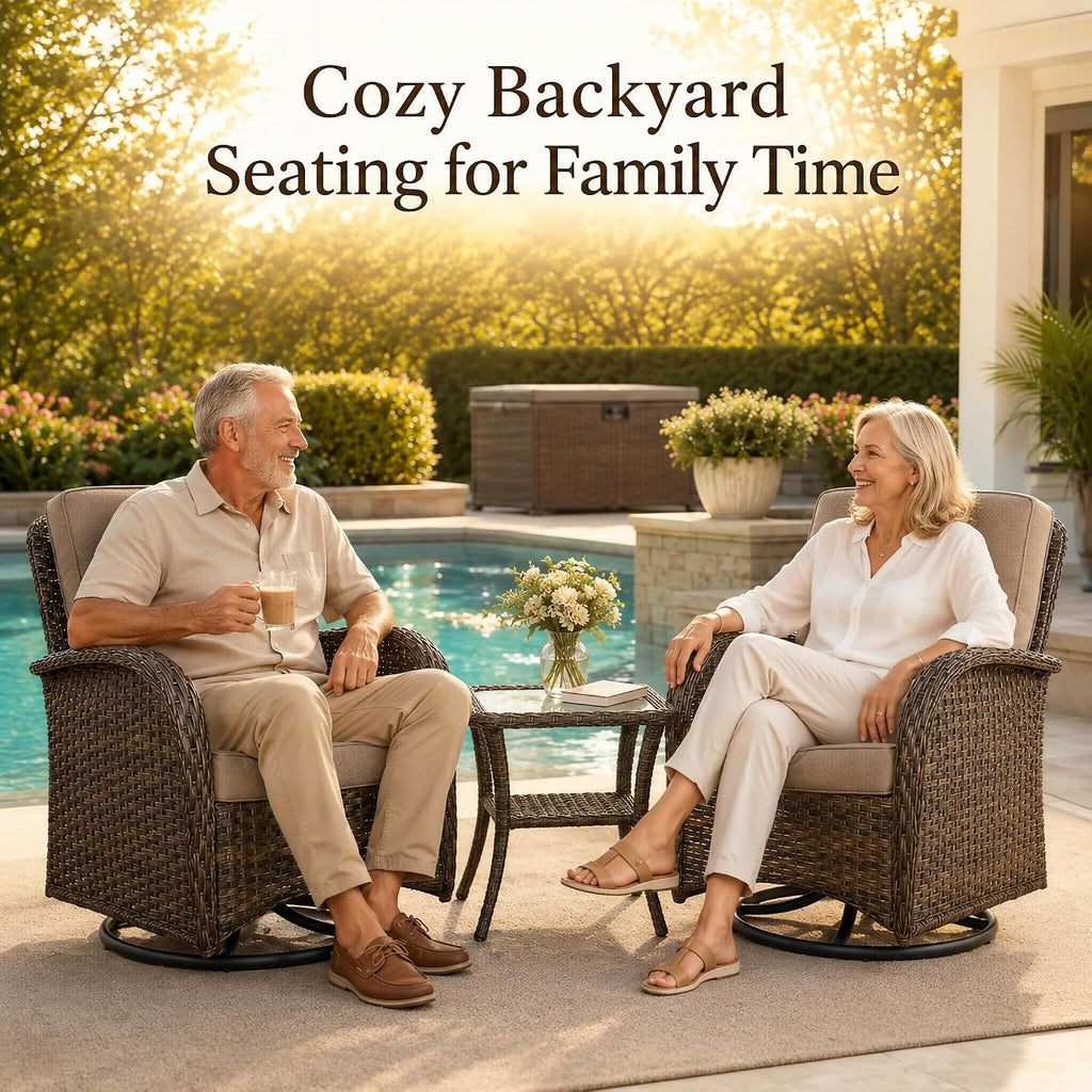 3 Piece Wicker Patio Swivel Rocker Set with Table, Brown/Grey | PE resin wicker, rust-resistant frame, glass top