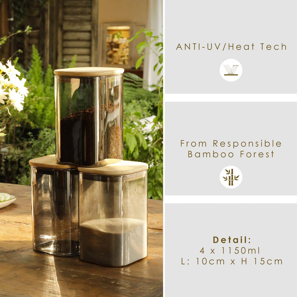4-Pack Anti-UV Square Glass Storage Jars with Bamboo Lids (1.22Qt)