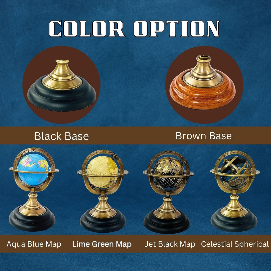 5.10" Nautical Brass Armillary Sphere World Globe with Aqua Blue Map, Jet Black Wooden Base - Elegant, Durable Decor
