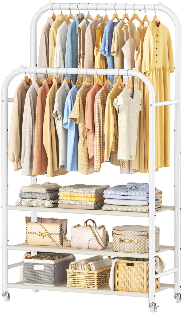 Clothes Rack, Double Rods Clothing Rack with 3 Tier Shelve&Wheels