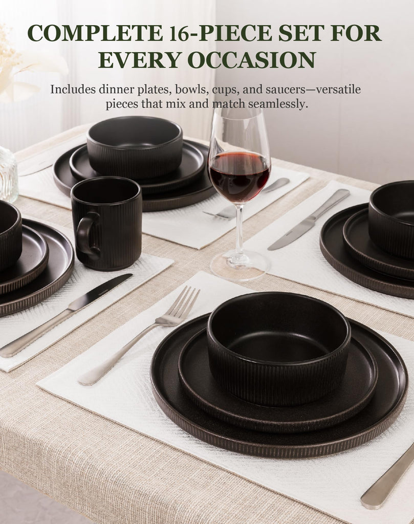 16-Piece Dinnerware Set for 4 with Mugs, Ribbed Stoneware Plates and Bowls Sets, Unique Handcrafted Reactive Glaze