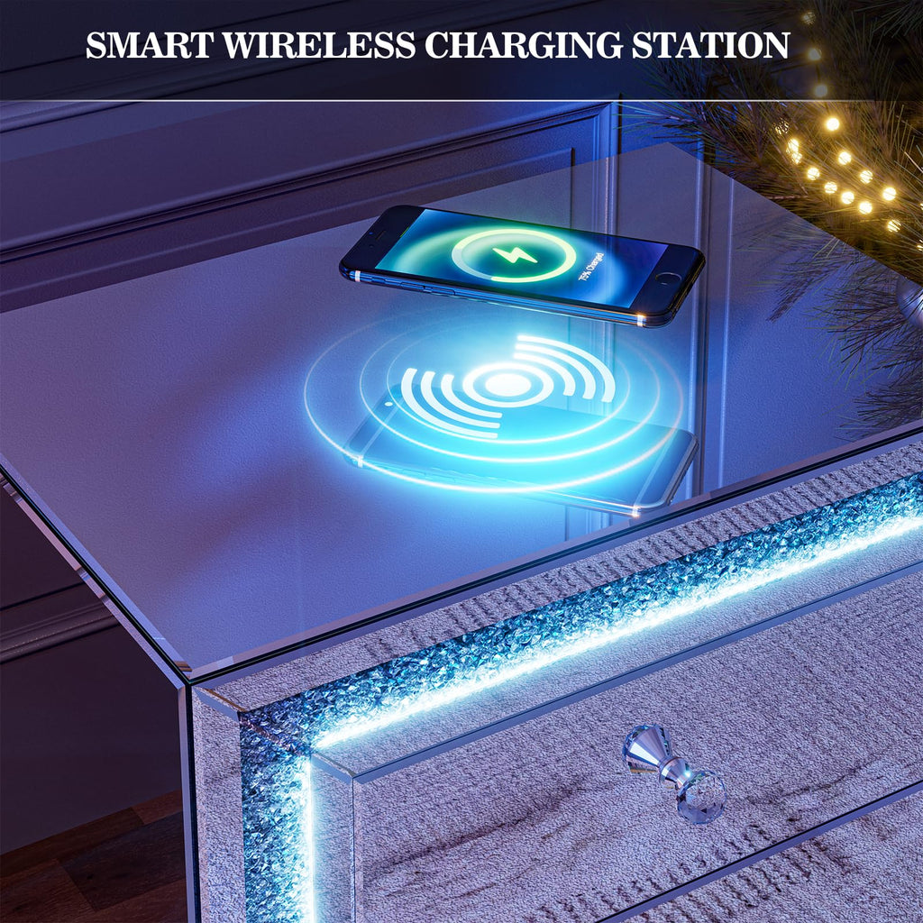 Mirrored Nightstand with LED Light & Wireless Charging, 3 Drawers