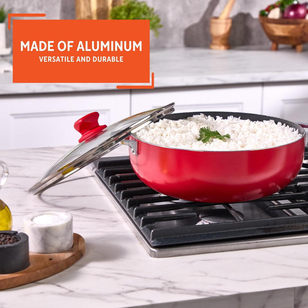 6.9 Qt Large Red Aluminum Dutch Oven Caldero with Black Ceramic Nonstick & Glass Lid - Big Rice, Stew, Cooking Pot
