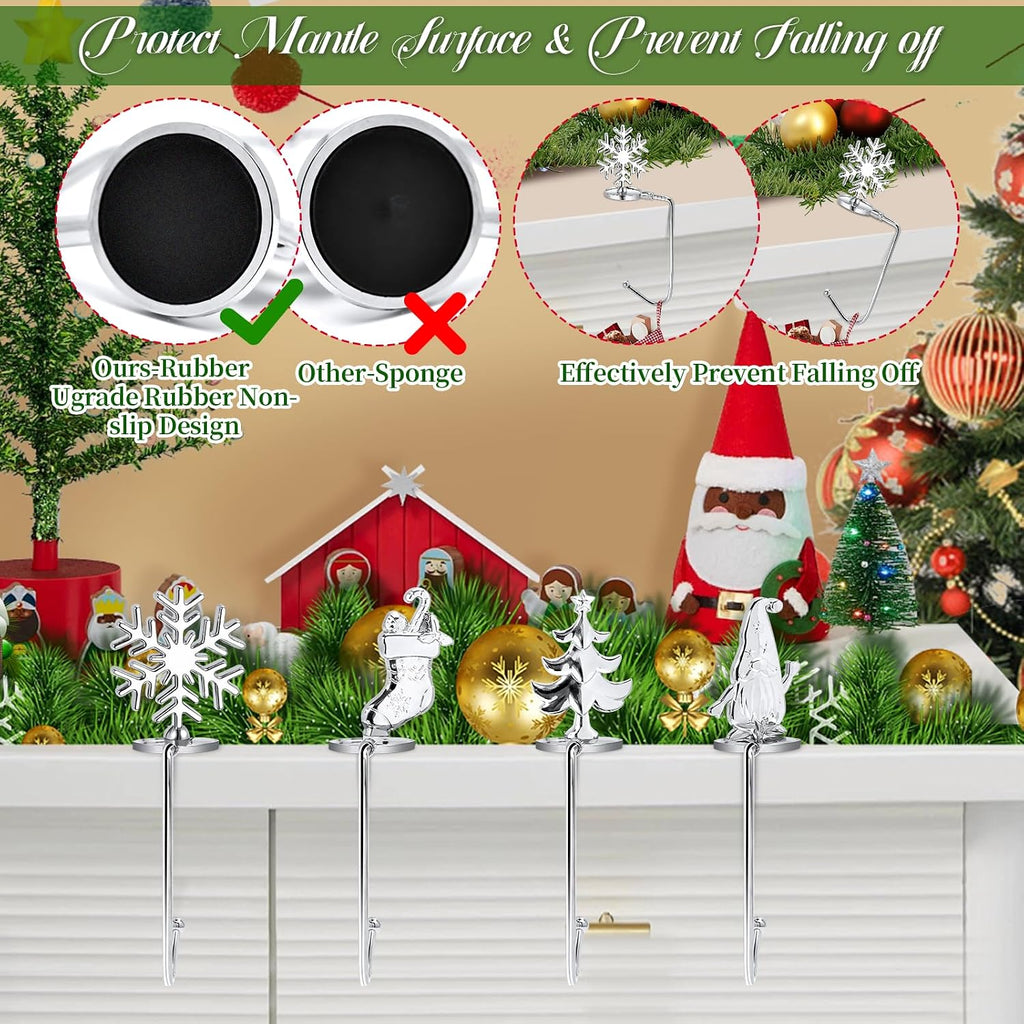 Christmas Stocking Holders for Mantel Set of 4, Non-Slip Adjustable Mantle Stocking Holders, Snowflake Snowman