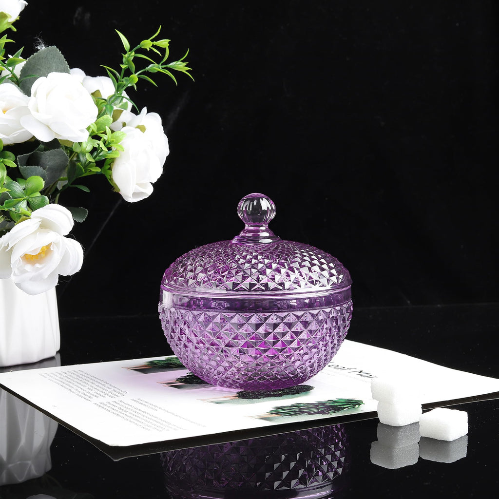 12 oz Small Purple Glass Jewelry Box Jars with Lid, Embossed Glass Candy Dishes, Diamond Faceted Food