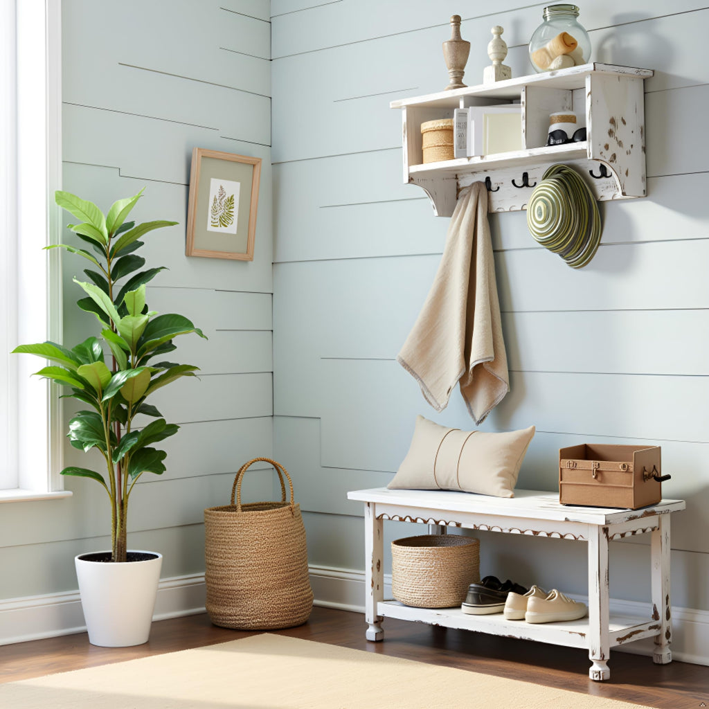 Country Cottage 36" Entryway Coat Rack and Bench Set - Wall Mounted Coat Hanger with 3 Cubbies, 4 Double Hooks &