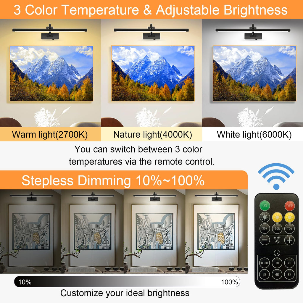 Picture Light Battery Operated with Remote, 3CCT Dimmable Picture Light for Paintings, Black Rechargeable 24 inch