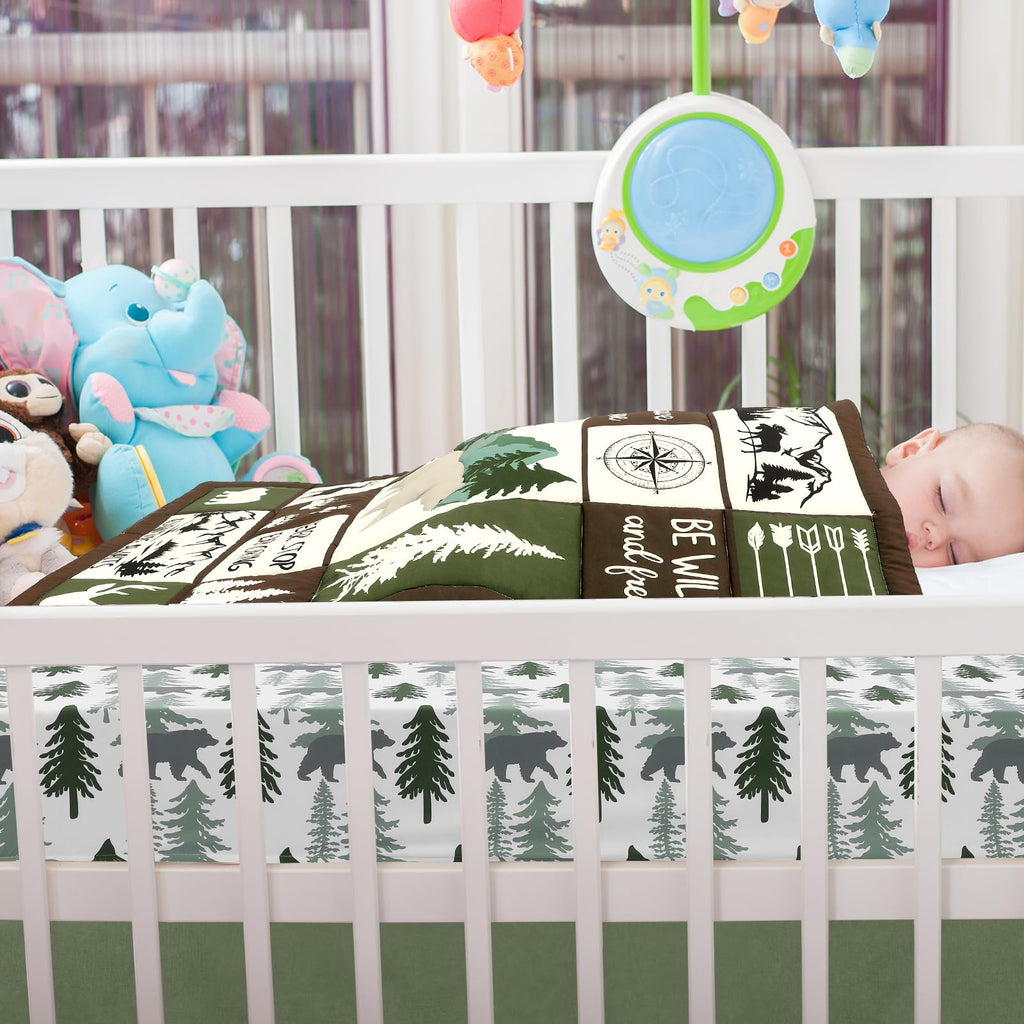 3 Piece Patchwork Woodland Bear Elk Crib Bedding Set for Baby Boys