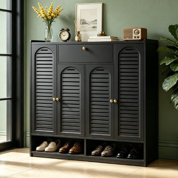 Shoe Cabinet with Louvered Doors, Bamboo Shoe Storage Cabinet with Drawer & Open Compartment, Modern Shoe Rack