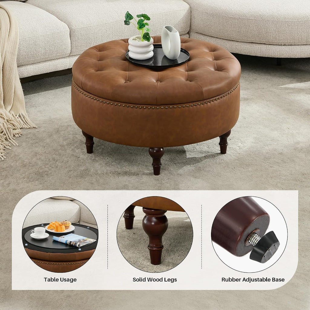 31.5" Large Round Storage Ottoman, Upholstered PU Ottoman Coffee Table | Large Ottoman with Solid Wooden Legs and