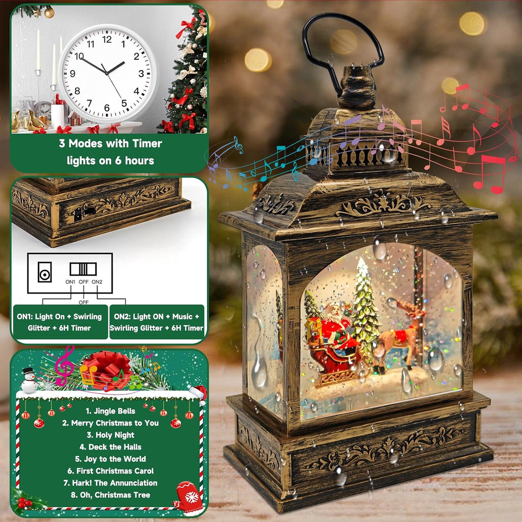 Christmas Snow Globes Lantern Lighted Water Glittering,with Santa Claus Projection/6H Timer/Music,Christmas