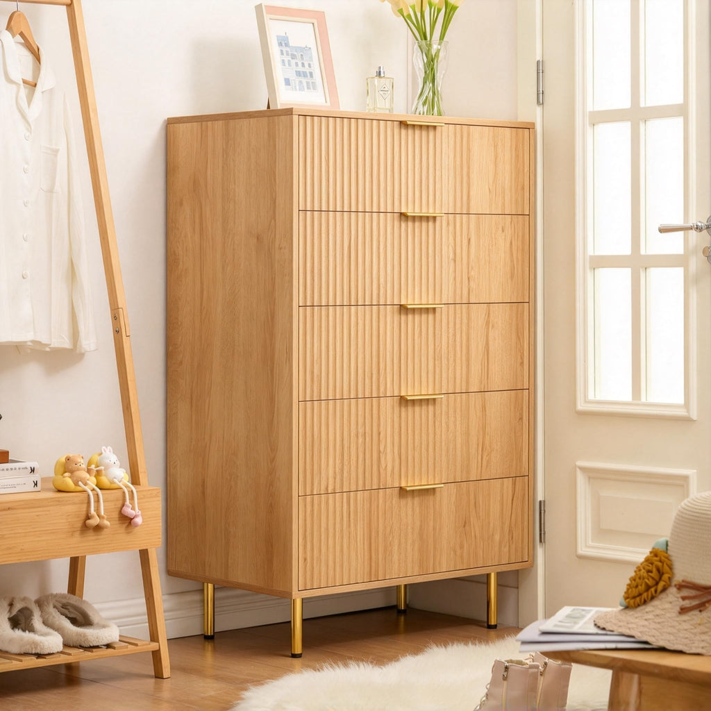 Fluted 5 Drawers Bedroom Dresser, 48" Tall Chest of Drawers Gold Handle, Oak