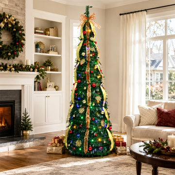 8ft Fully Decorated Pop up With Warm White Multicolor Lights