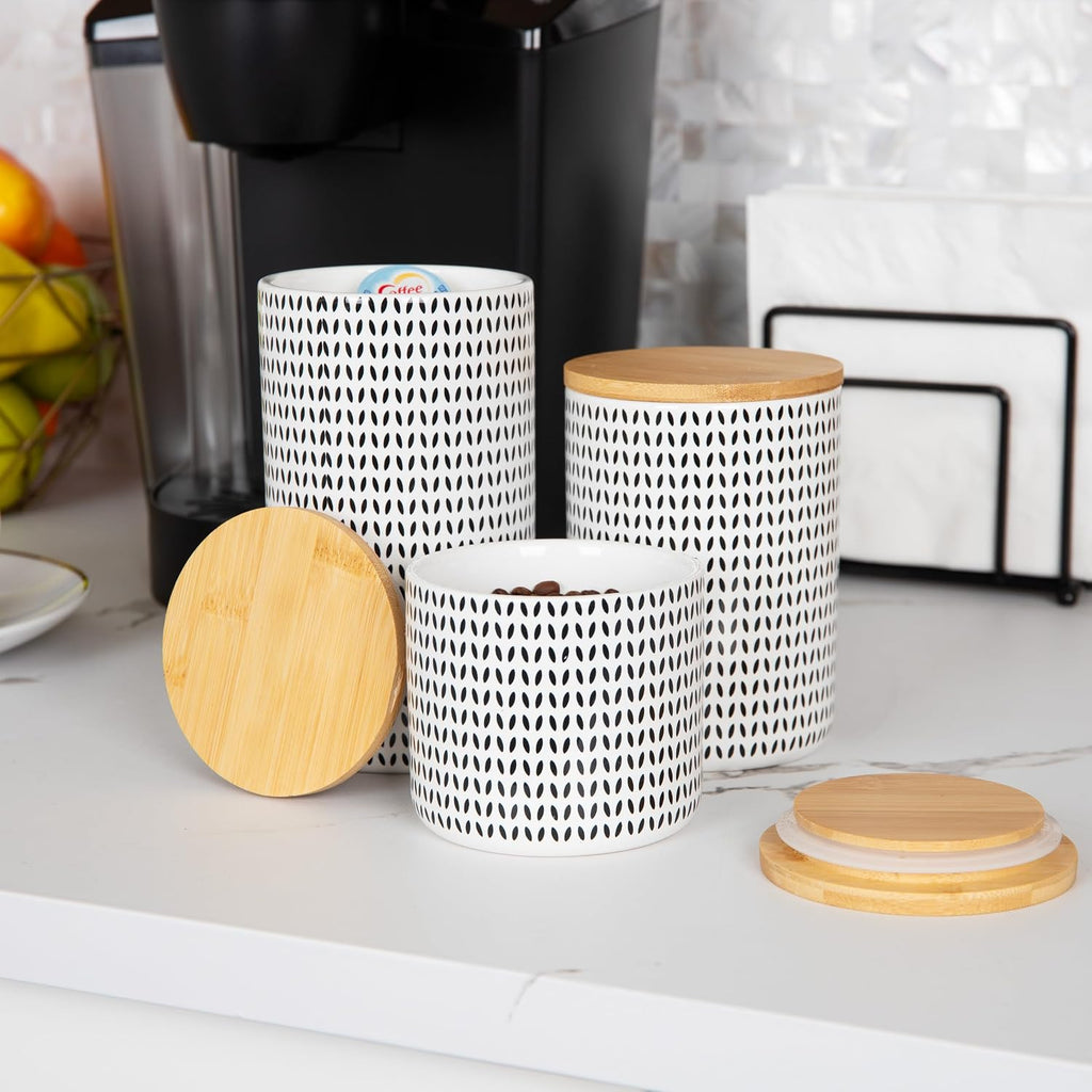 3-Piece Canister Set, Sugar Container, Coffee Storage, Lids, Kitchen, Ceramic, 4"L x 4"W x 7"H, Black and White