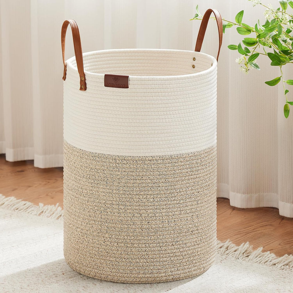 100L Tall Woven Rope Laundry Hamper, Leather Handles, White & Brown | Large Wicker Laundry Basket for Dirty Clothes