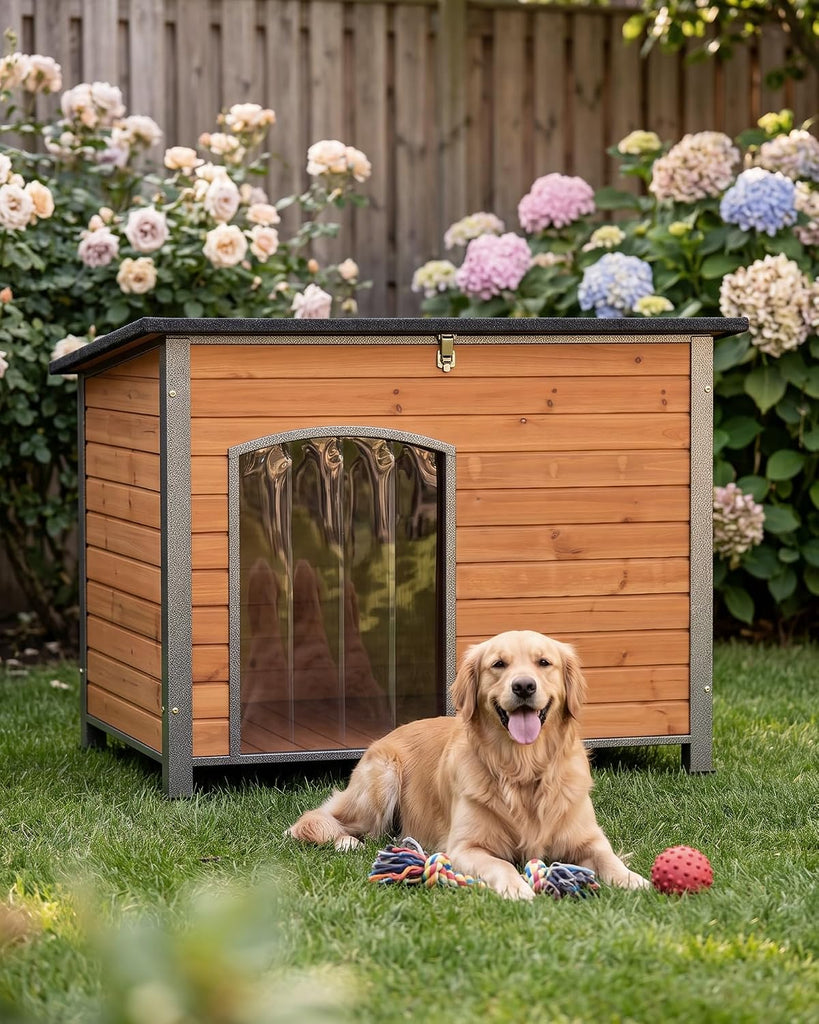 Indoor Outdoor Dog House, Anti-Chewing Iron Frame Dog Kennel, Wood Warm Pets Home, Weatherproof Outside Shelter