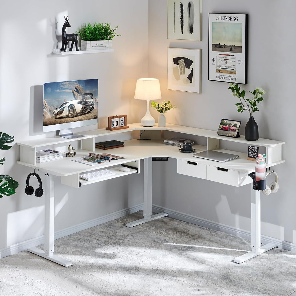 60 Inches L Shaped Electric Standing Desk 2 Tier, Antique White | Height Adjustable Corner Gaming Desk with Drawer