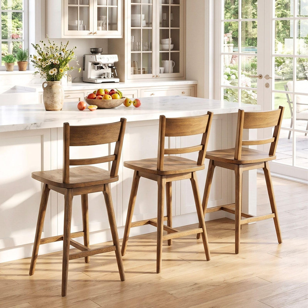 Swivel Counter Stools Set of 6, 24.5" Counter Height Solid Wood Bar Stools with Back & Wood Seat, Walnut Finish, Mid