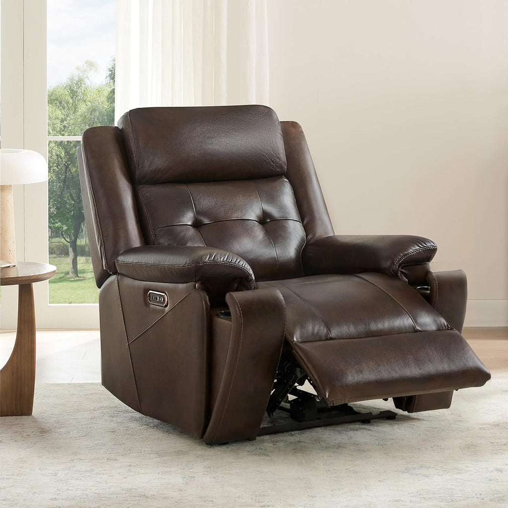 Genuine Leather Power Recliner Chair for Adults, Wall Hugger Recliner with Power Headrest, Cup Holders & Charging
