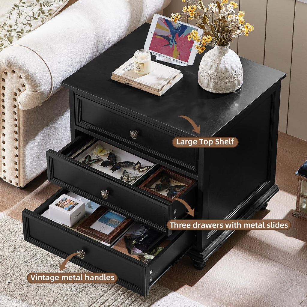 24" Wide Farmhouse Night Stand Set of 2, Large End Table with 3 Drawers & Metal Handle, Wood Cabinet, Bed Side Table