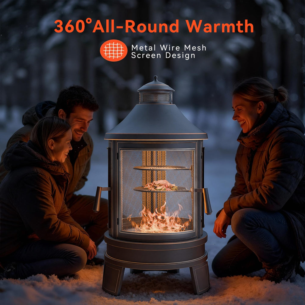 Metal Outdoor Fire Pit for Outside Wood Burning, 24 Inch Chiminea Outdoor Fireplace with Adjustable Grill Tray, Spark