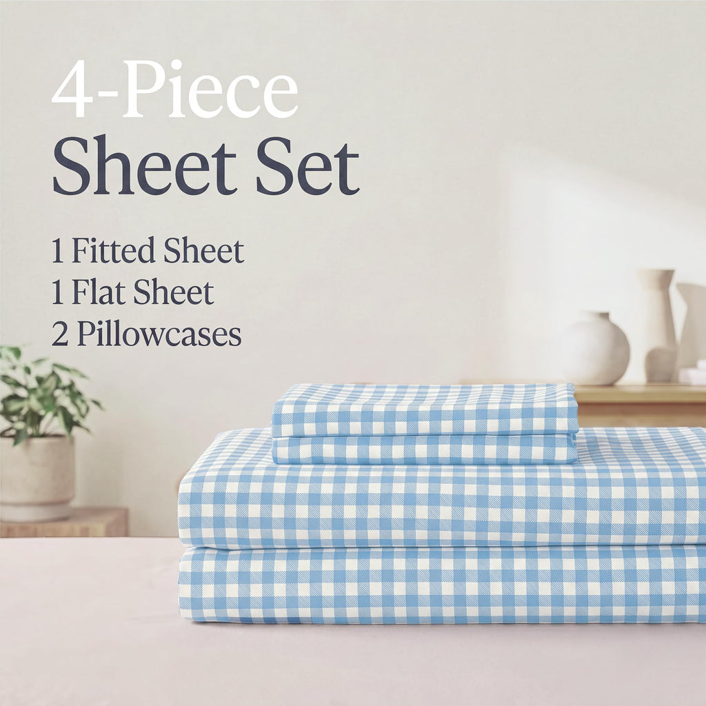 Light Blue Plaid Sheets 4-Piece Set Soft Brushed Microfiber Gingham Bed Sheets 16" Deep Pocket Coastal