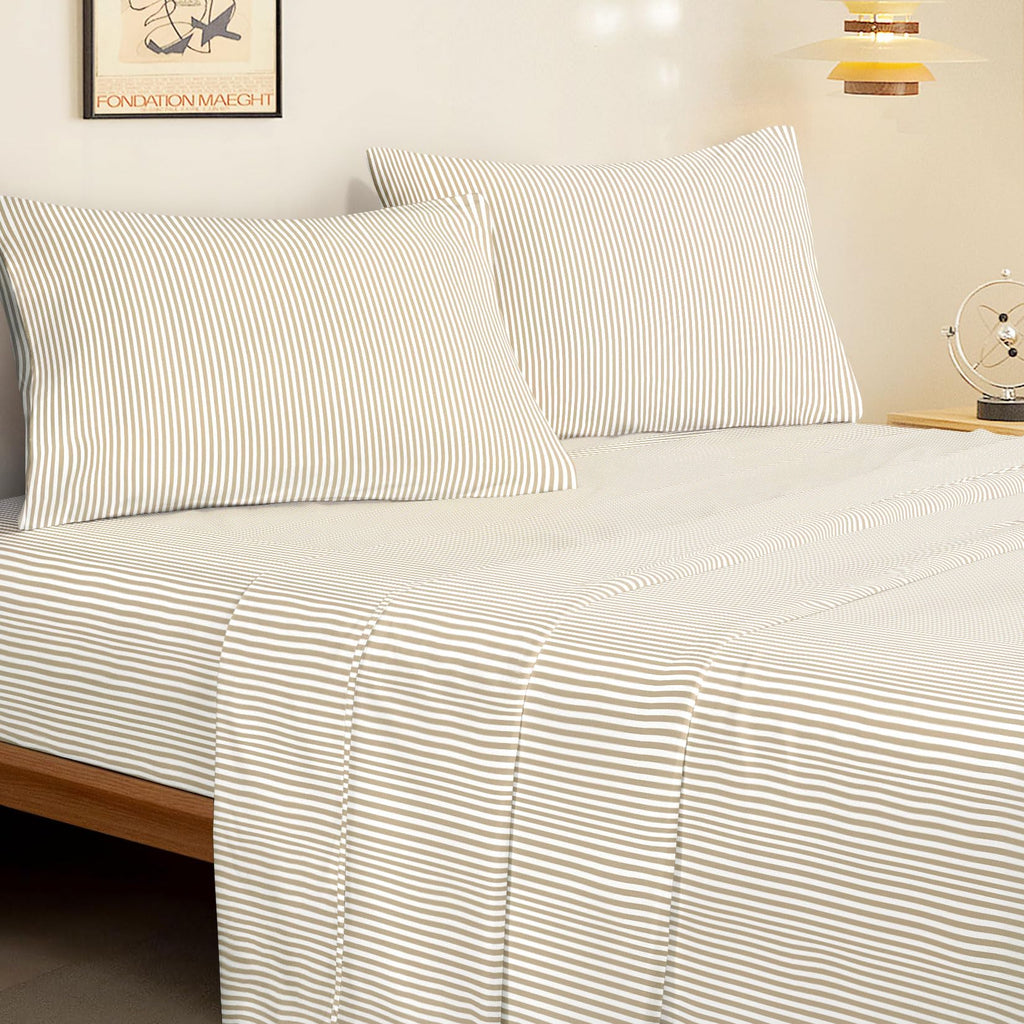 Striped Bed Sheets, 4-Piece Sheet Set, Ticking Vertical Pin Stripe Modern Farmhouse Pattern Printed Bedding, Deep