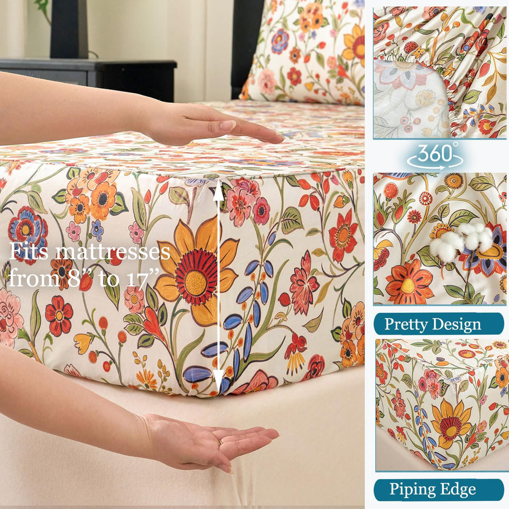 Floral Sheets California King 100% Percale Cotton Orange & Green Boho Bed Sheet Set, Soft Breathable Crisp Sunflower