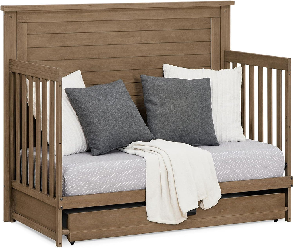 Simmons Kids Caden 6-in-1 Convertible Crib with Trundle Drawer, Greenguard Gold Certified, Aged Oak